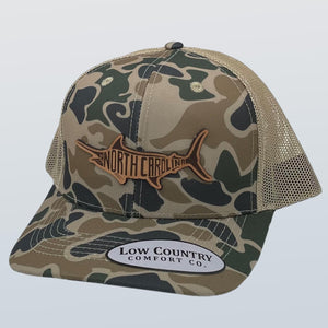 North Carolina Silhouette Marlin Leather Patch Hat Old School Camo/Khaki